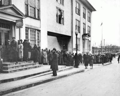 People in Line for Operator's Licenses and Tags